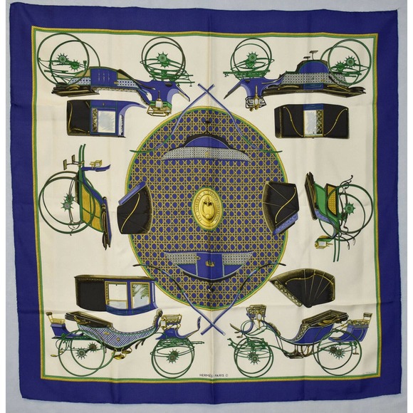Auth HERMES "Les Voitures A Transformation" By F. La Perriere Silk Square Scarf - Picture 1 of 4
